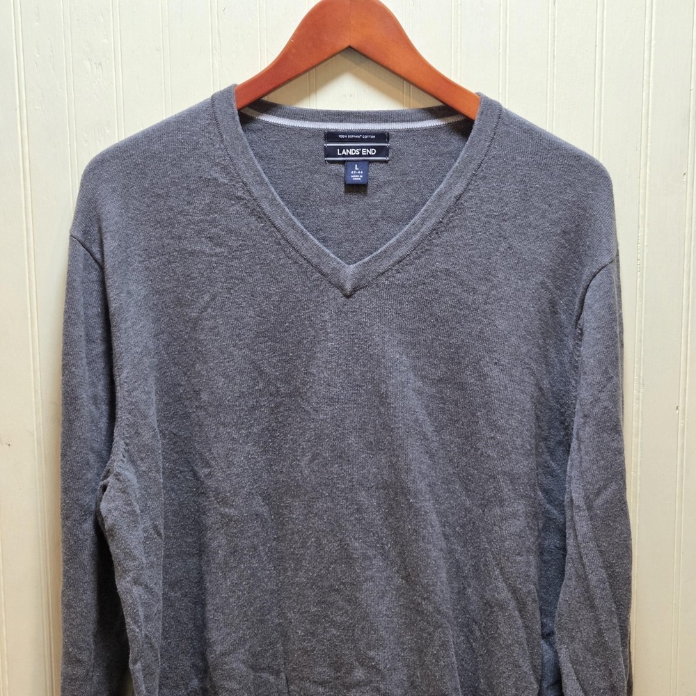 Lands' End Sweater Mens Large Gray‎ 100% Supima Cotton V Neck Pullover Knit